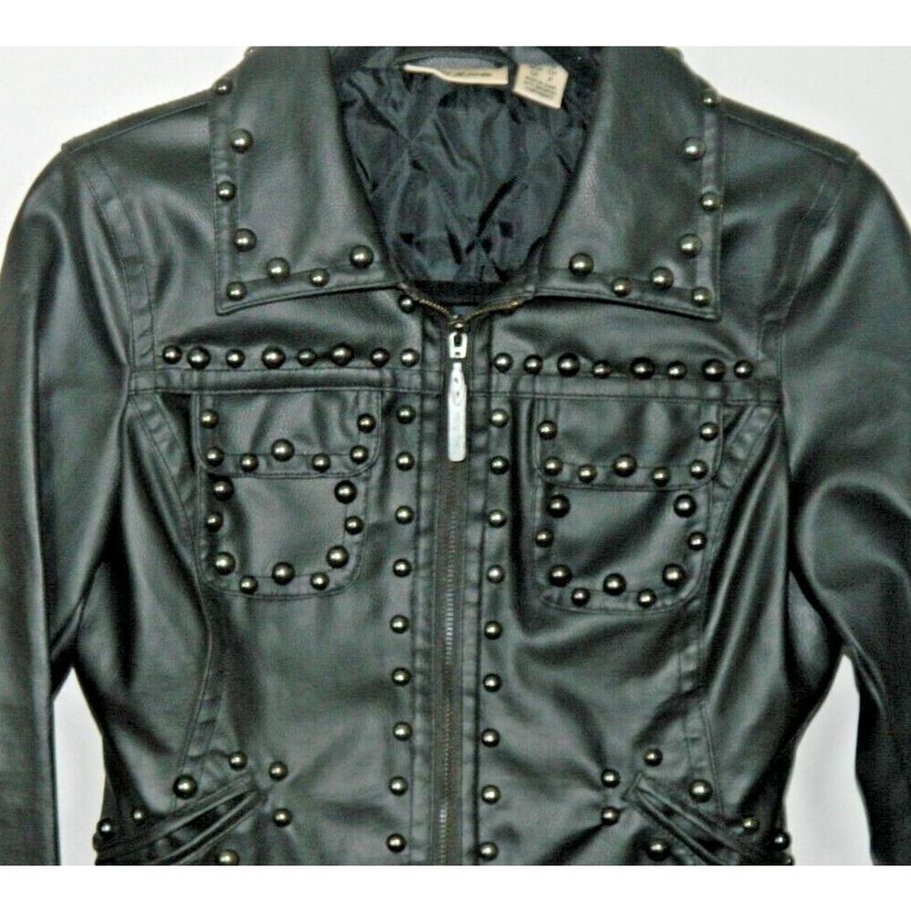 DKNY Jacket‎ Size Smalll Black Faux-Leather  Studded Moto Quilted Lining - Picture 4 of 11